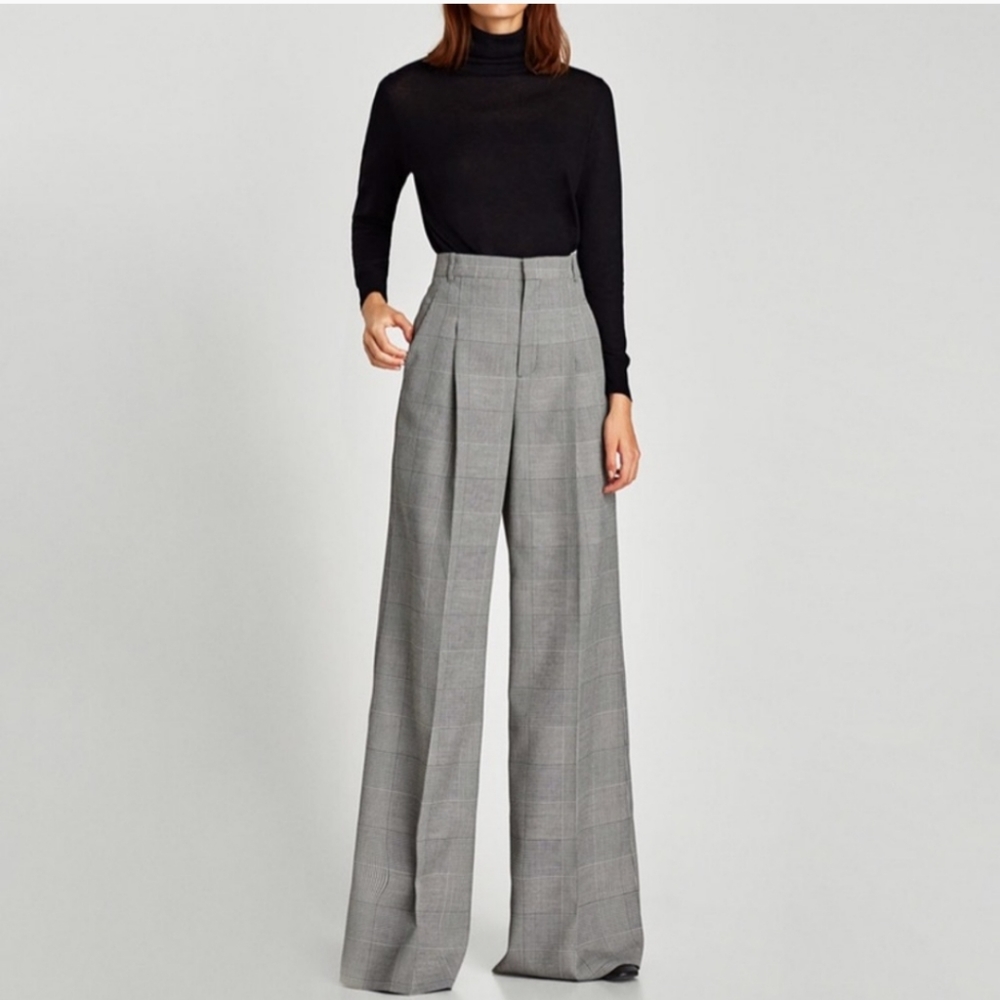 ZARA wide leg pleated pants plaid checked retro